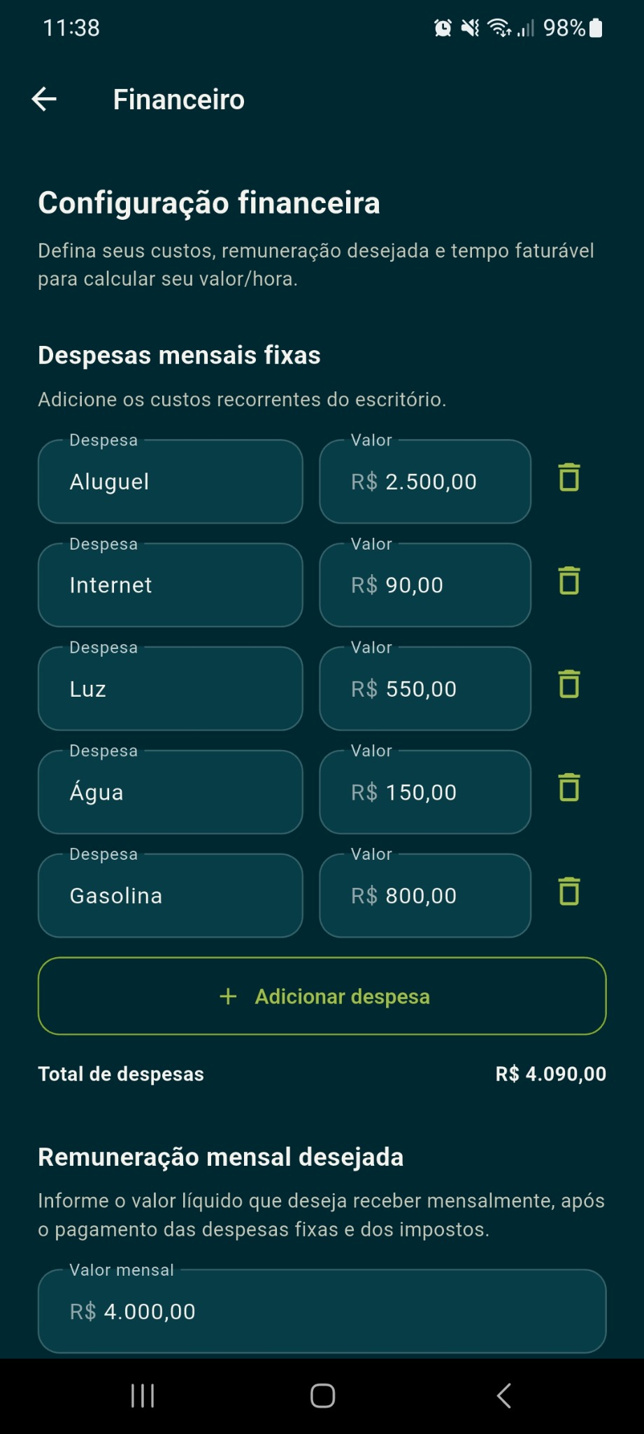 Configuração financeira no HonorArch