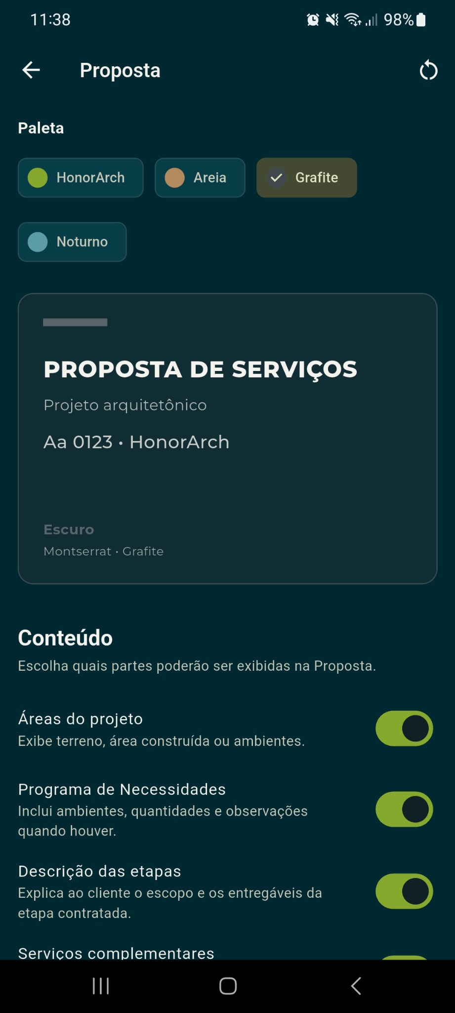 Personalização da proposta no HonorArch