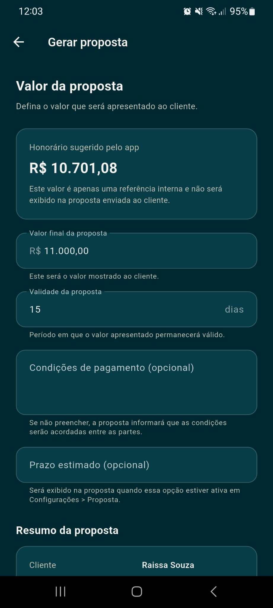 Definição do valor final da proposta